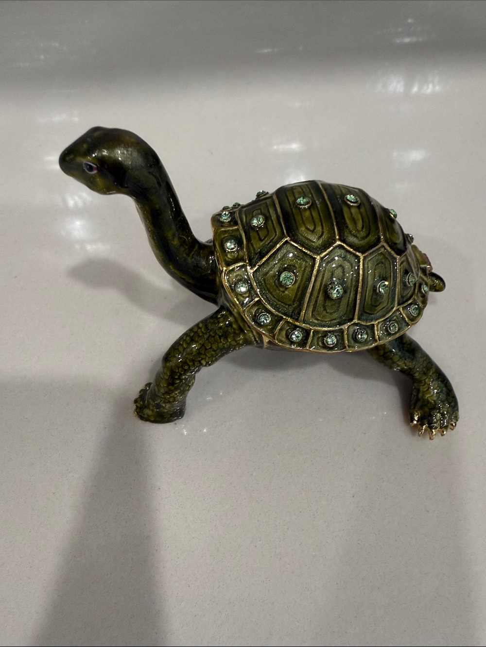 Enameled Green Turtle Metal Trinket Box with Austrian Crystals & Goldtone trim - Picture 2 of 6